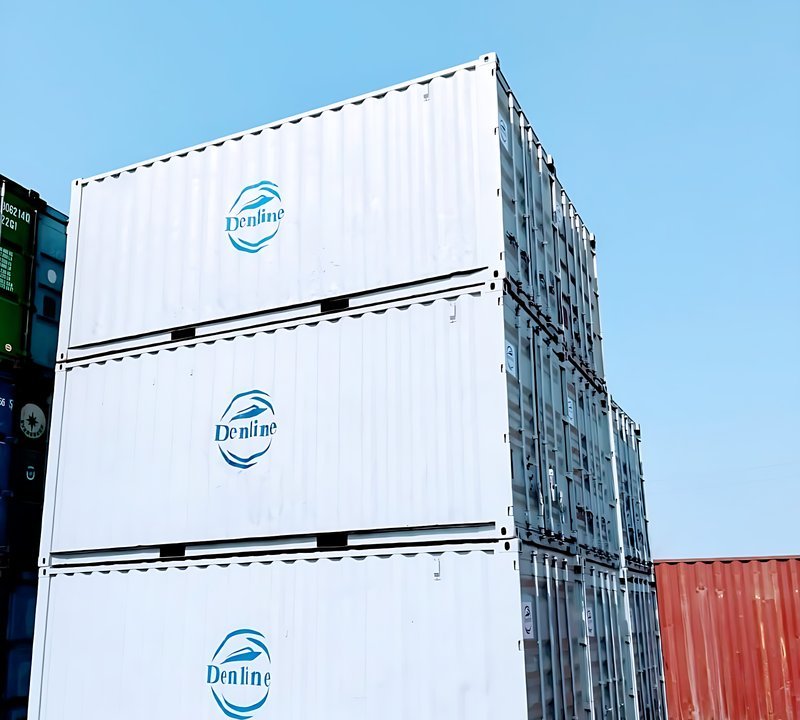 Denline branded shipping containers stacked at a container yard