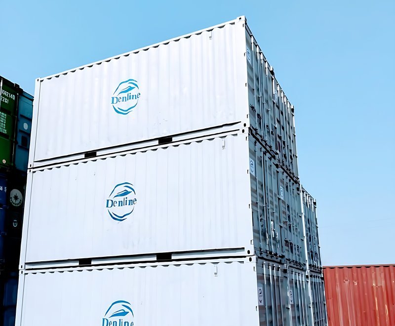 Denline branded shipping containers stacked at a container yard