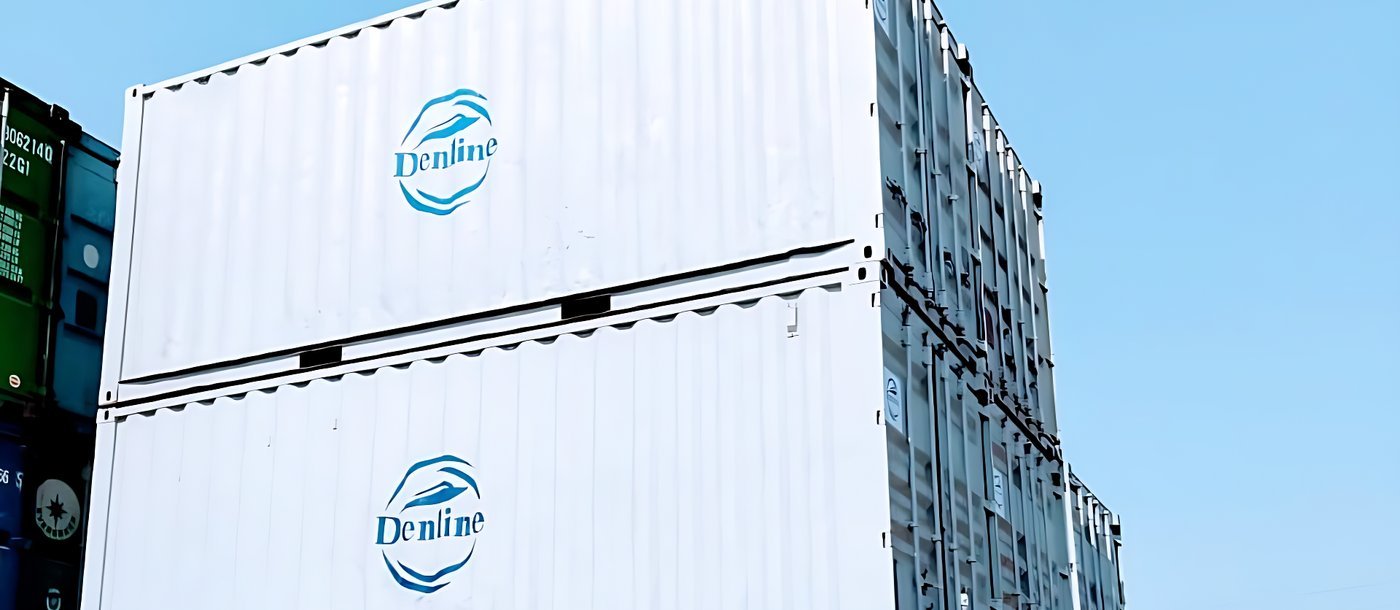 Denline branded shipping containers stacked at a container yard